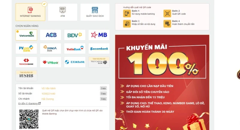 Chọn gói khuyến mãi của Five88 khi nạp tiền thông qua hệ thống Internet Banking