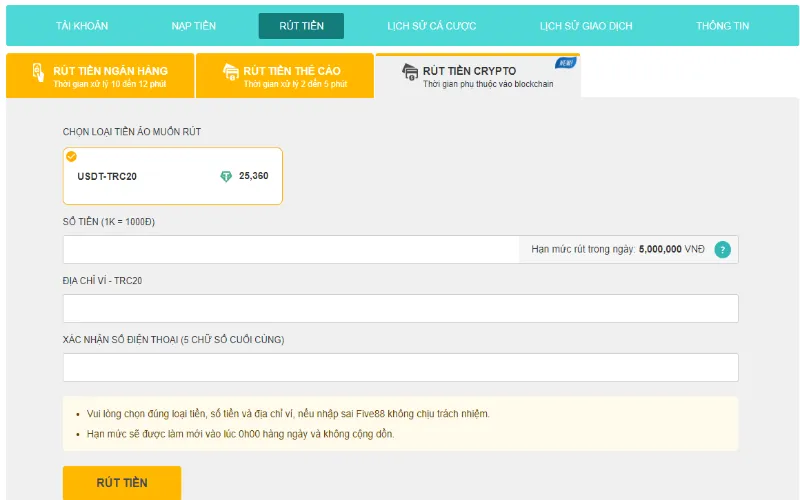 Rút tiền Five88 bằng Crypto khá được ưa chuộng nhờ việc bảo mật thông tin