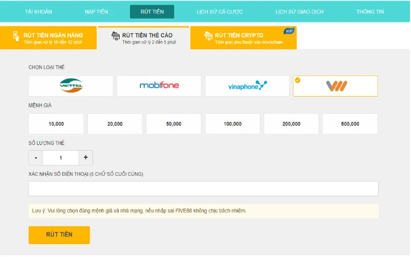 Rút tiền Five88 bằng thẻo cào dành cho những anh em cần thẻ ở các nhà mạng lớn